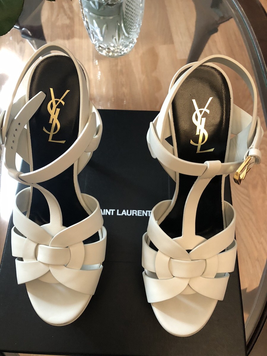 $925 Saint Laurent YSL Tribute White Leather Platform Sandals