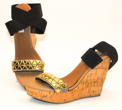 Steve Madden Women's Roperr Black Gold Stretch Cork Wedge Platform Size 