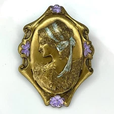 Vintage Brass Repousse Cameo Brooch Pin With Hand painted Detail Purple Flowers
