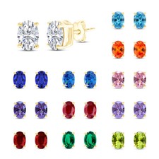 8X6MM Solitaire Stud Earrings Simulated Birthstone 14K Yellow Gold Plated Silver