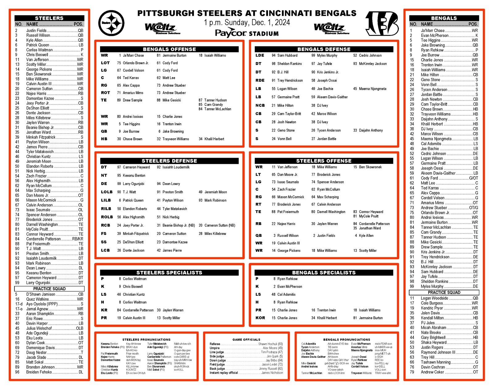 Cincinnati Bengals vs Pittsburgh Steelers Game Flipcard NFL program Dec 1, 2024