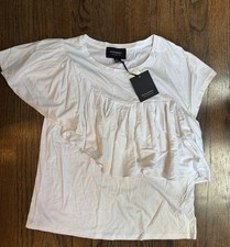 Banana Republic Women's White Solid Crew Neck Ruffle Knit Pullover Top M