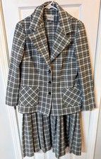 Vtg 70s Jennifer Gee 2Pc Black White Plaid Pleated Dress Suit Blazer Set Sz 16