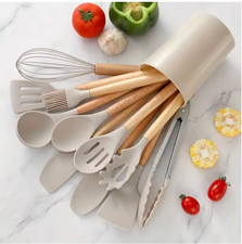12Pcs Silicone Kitchen Utensils Set Heat Resistant Wooden Handle Cooking Tools