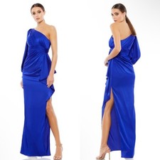 Mac Duggal One Shoulder Bishop Sleeve Gown Maxi Dress 55398 Sapphire Blue 2