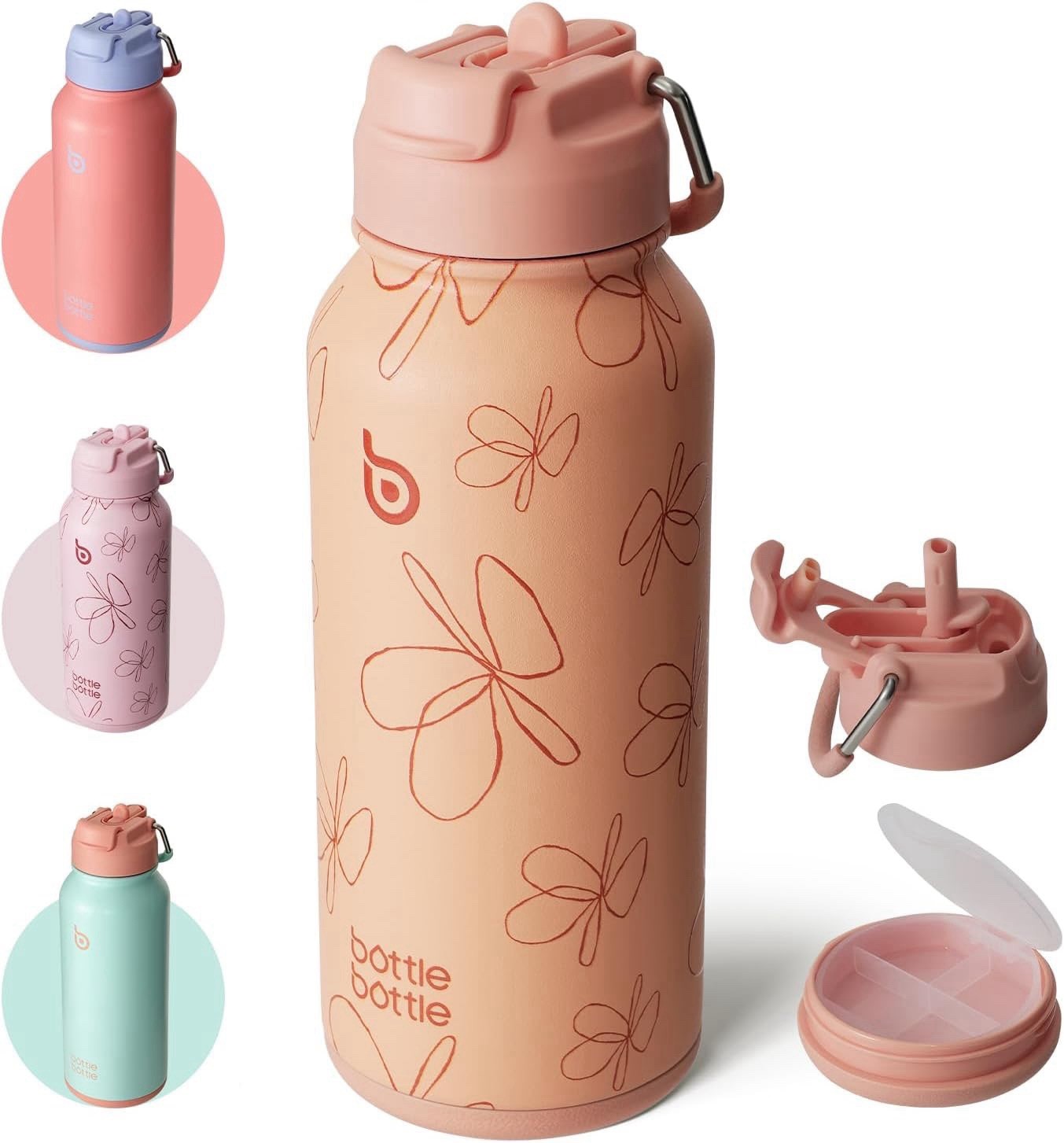 32oz Insulated Water Bottle, Dual Lid, Straw+ Bottom Pill Storage, Yellow Flower