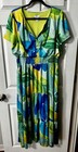Nicole Miller Womens XL Blue Green Floral Short Sleeve Maxi Dress W/Pockets