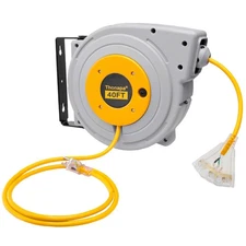40 Ft Retractable Extension Cord Reel - 12/3 SJTW Heavy Duty Yellow Cable