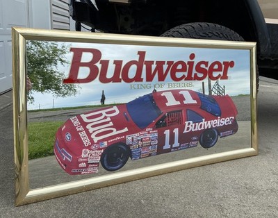 Vintage BUDWEISER Bud King of Beer Bar NASCAR Mirror 51 x 27  Bill Elliott 90 s