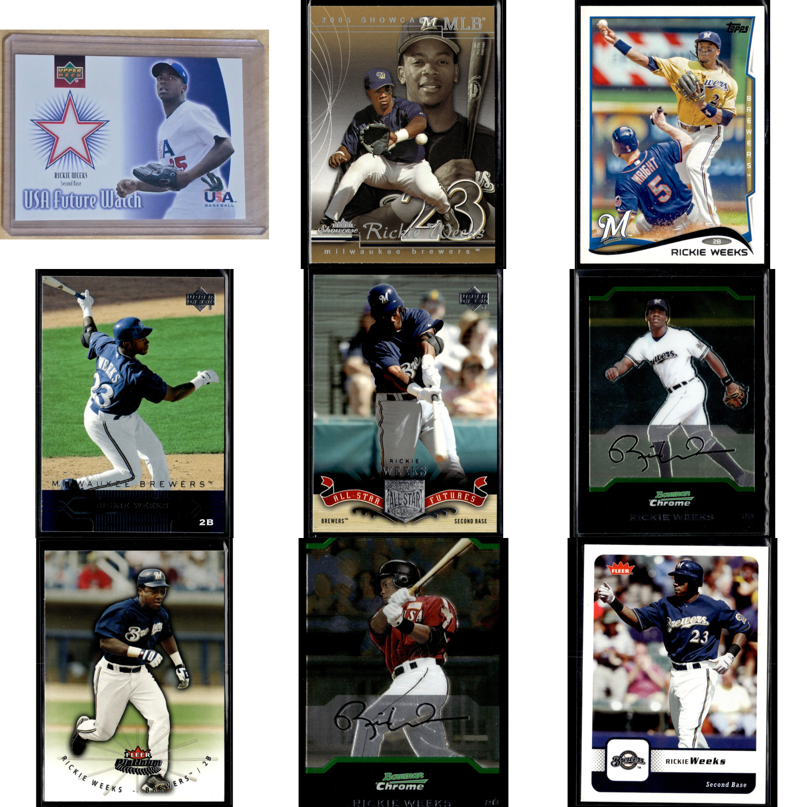 Rickie Weeks (9) Baseball Card Lot - (1) Jersey Relic (7) Base (1) RC - Brewers