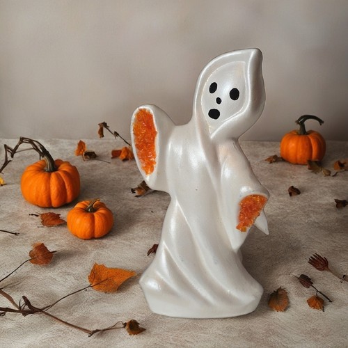 Statuina fantasma perlato vintage anni 60 Halloween gesso 5” vetro schiacciato - Foto 2 di 16