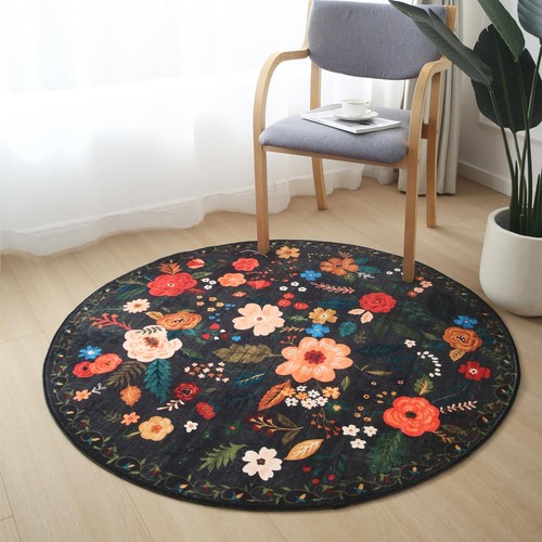 6ft Round Washable Circle Rug, Non-Slip Low Pile, Boho Floral Design - Picture 6 of 9