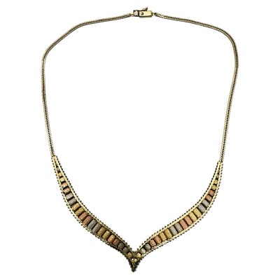 Vintage 14K Tri-colored Gold Italian Chevron Style Omega Necklace Graduated V