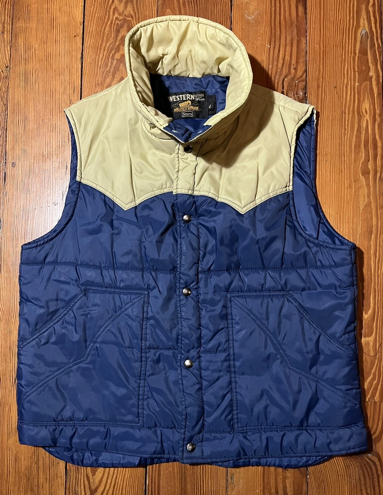 Vtg Sears Western Vest Puffer Snap Front Ski 2 Tone Blue Tan Snap Nylon Poly XL