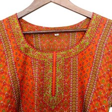Indian Women's Tunic Top Paisley Long Sleeve Scoop Neck Orange Green Boho Kurti