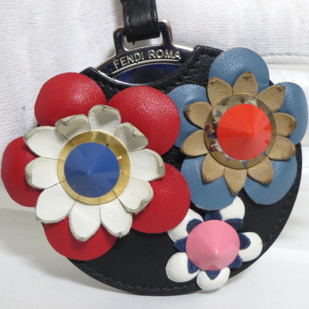 Authentic FENDI Compact Mirror Key Ring Bag Charm Flower Pattern
