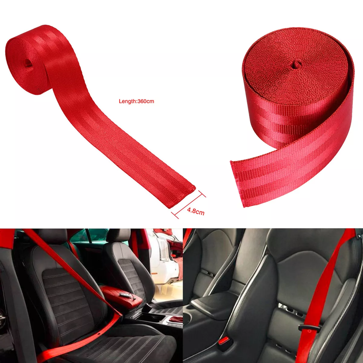Car 3.6M Seat Belt Webbing Polyester Seat Lap Retractable Nylon Safety Strap Red