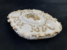 Holland Mold gold white lidded  VANITY TRINKET Candy Dish MCM vintage covered