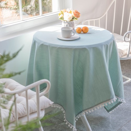 Cotton Linen Tablechoth Pom Tassel Solid Square Rectangle Table Cover Decor - Picture 8 of 11