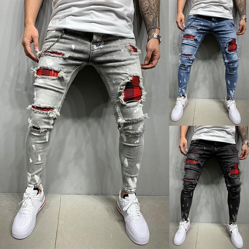 Mens Ripped Jeans Casual Skinny Frayed 