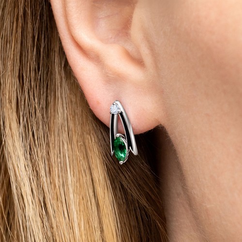 18K White Gold Earrings With 0.61 Carat Marquise Emerald & Black Enamel Jewelry - Picture 2 of 7