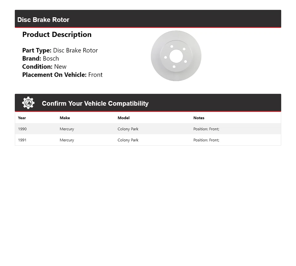 For 1990-1991 Mercury Colony Park Bosch QuietCast Disc Brake Rotor Front - Image 2 of 4