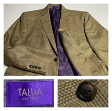 Tallia Silk Wool Brown Tan Glen Plaid Jacket Sport Coat Purple Overcheck 40