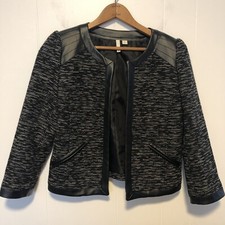 Frenchi Faux Leather Trim Blazer Women's Size Small Black White Marled Metallic