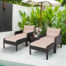 Patiojoy 5PC Rattan Furniture Set Wicker Sofa Ottoman Coffee Table Set w Cushion