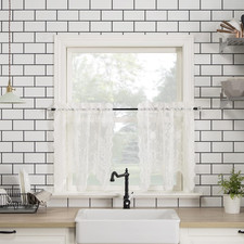 Alison Floral Lace Sheer Rod Pocket Kitchen Curtain Tier Pair, 58" x 36", Ivory