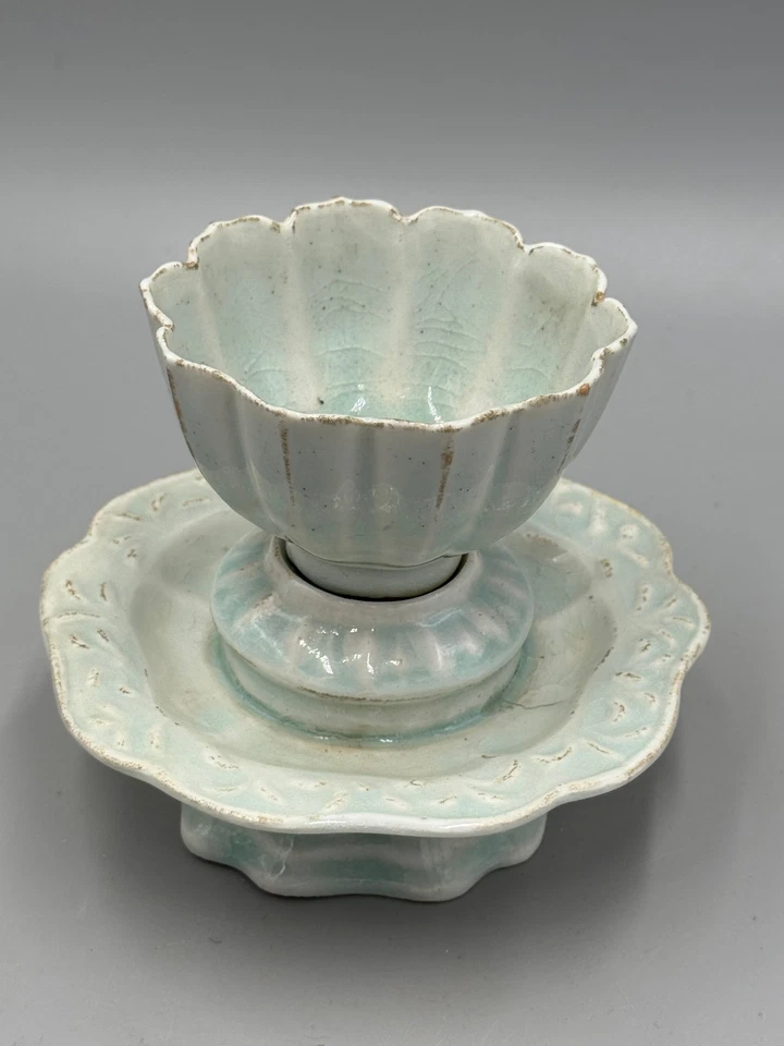 Taza y platillo antiguo esmalte azul de la dinastía china Songqing 4 1/2"" Foto 2 de 4