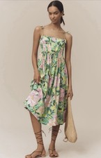 Farm Rio Anthropologie Midi Dress Green Linen Blend Babydoll Vacay Small NWT