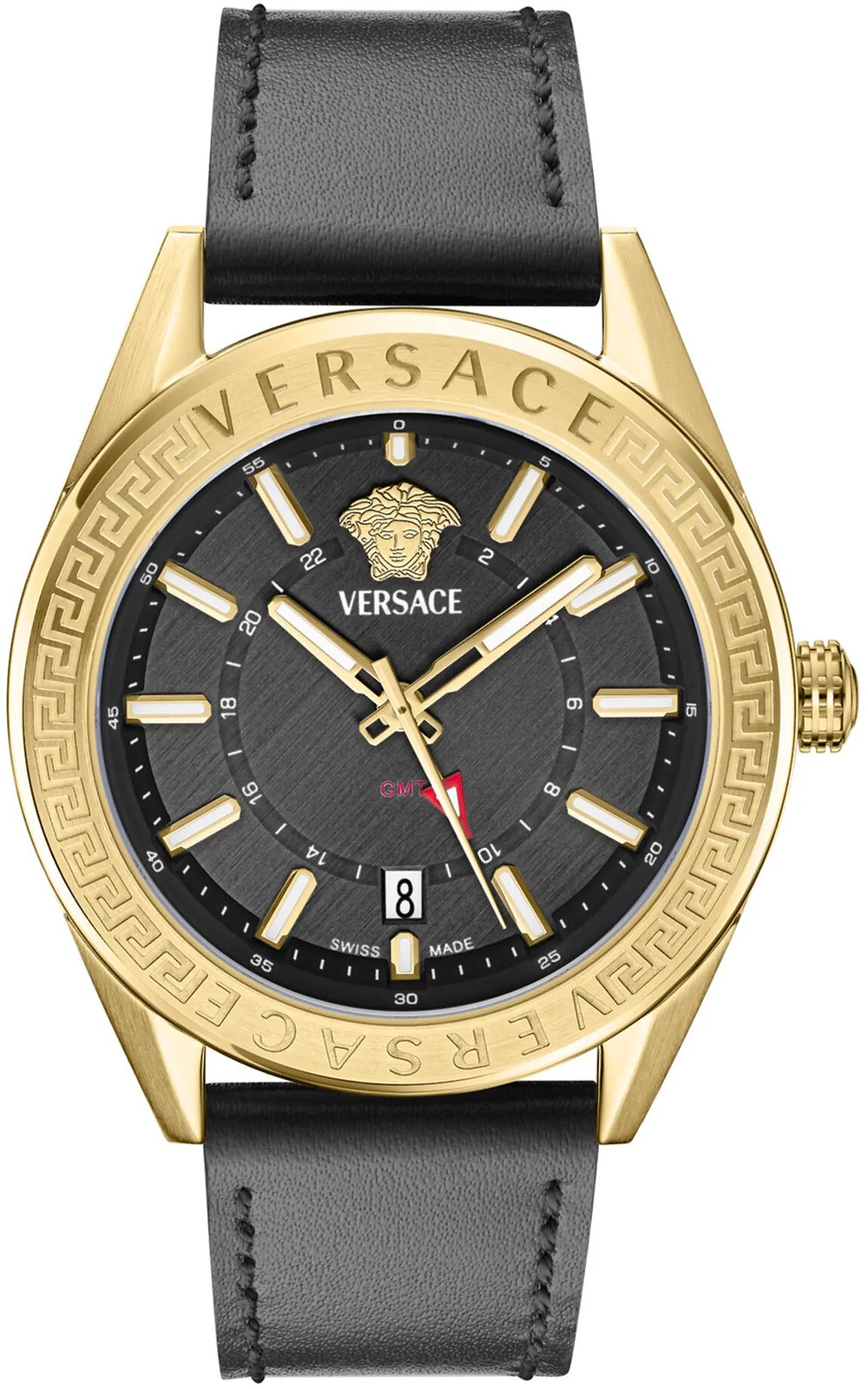 Versace VEAFA0224 V-Code GMT black gold Stainless Steel Leather Men's Watch NEW