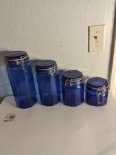 Vintage Set Of 4 Canister Jars Cobalt Blue Gl...