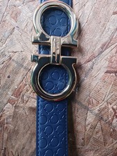 FERRAGAMO LEATHER BELT LARGE BLUE WITH GOLD BUCKLE all sizes