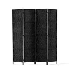 4 Panel Room Divider Privacy Screen Rattan Woven Wood Stand Black