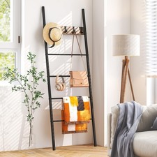 Blanket Ladder, 5-Tier Ladder Shelf with 5 Removable Hooks, Wall-Leaning Deco...