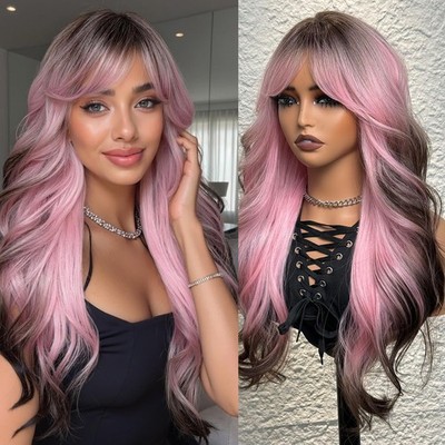 Long Wavy Pink for Women with Bangs, Synthetic Curly Colorful with Brown Root...