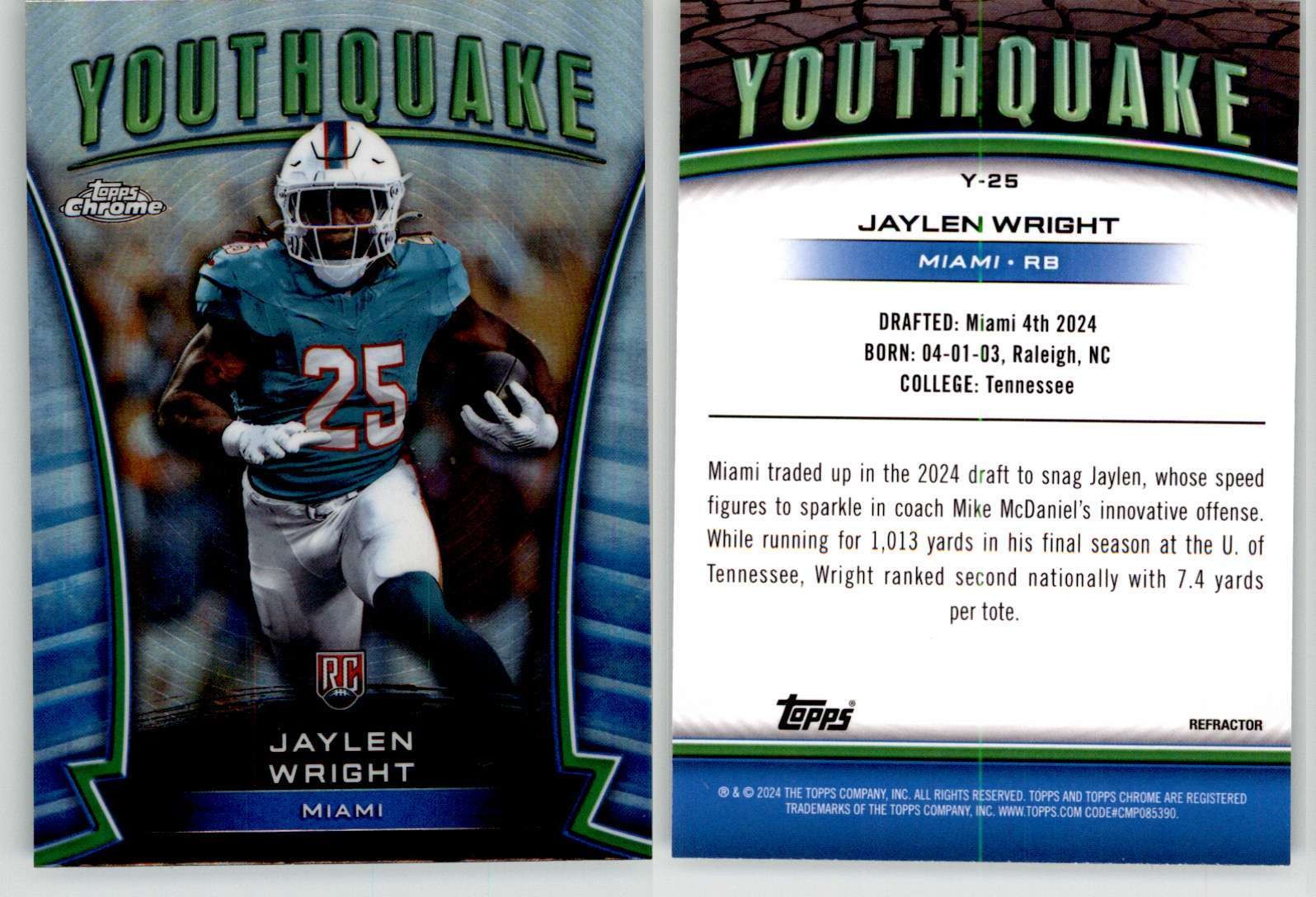 Jaylen Wright 2024 Topps Chrome Youthquake Refractor Y-25 Tennessee Dolphins RC