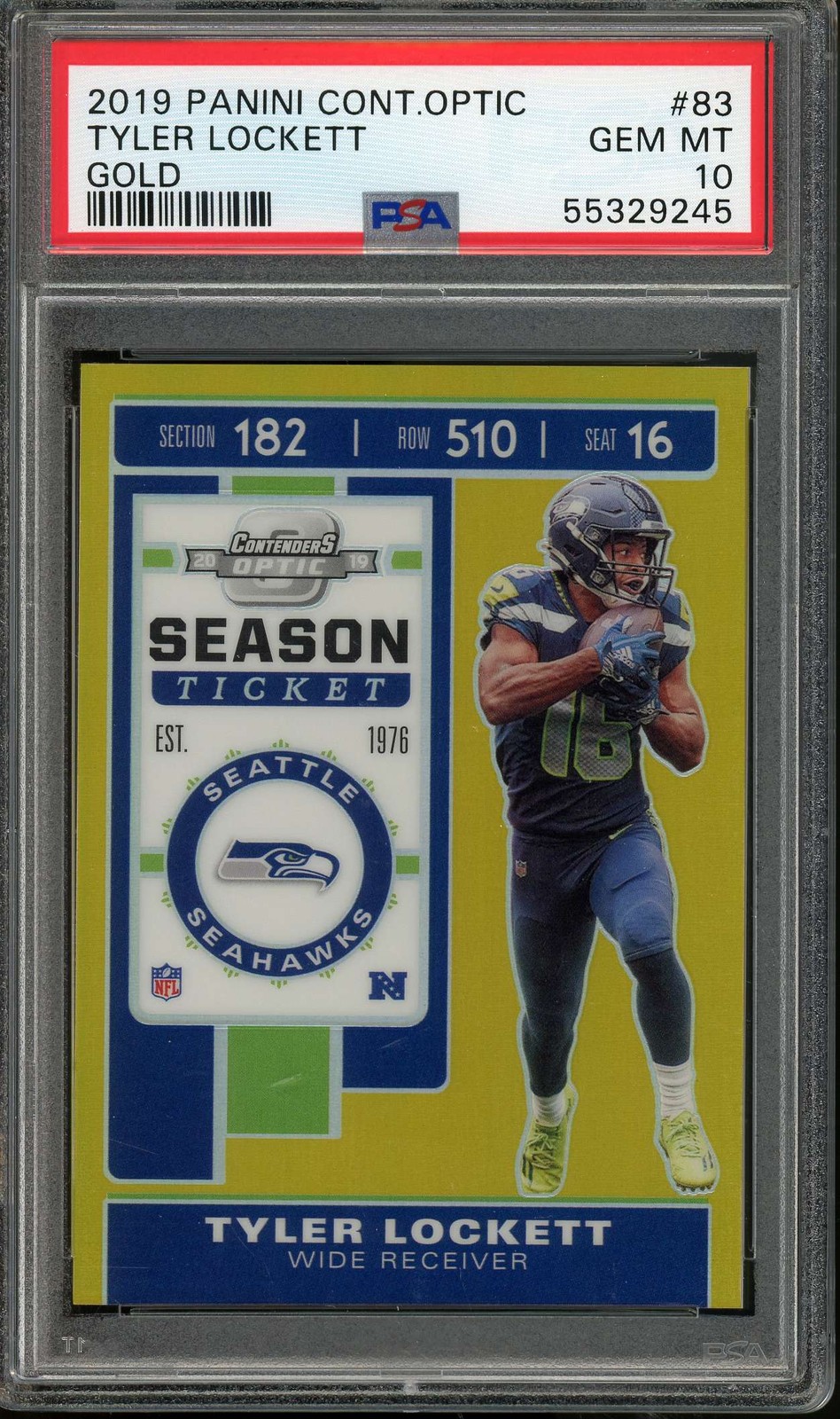 2019 Contenders Optic #83 Tyler Lockett Season Ticket Gold Prizm #/10 PSA 10