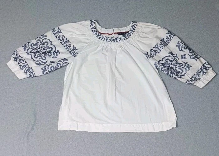 Tommy Hilfiger Puffed Sleeve Blouse Womens Size SP White Blue Embroidered...