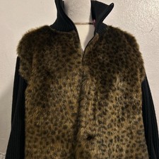 Womens Vintage Leopard Faux Fur Lightweight Full Zip Jacket Size Large