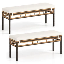 2PCS 48” Wicker Patio Bench w/Acacia Wood Seat Removable Padded Cushion for Deck