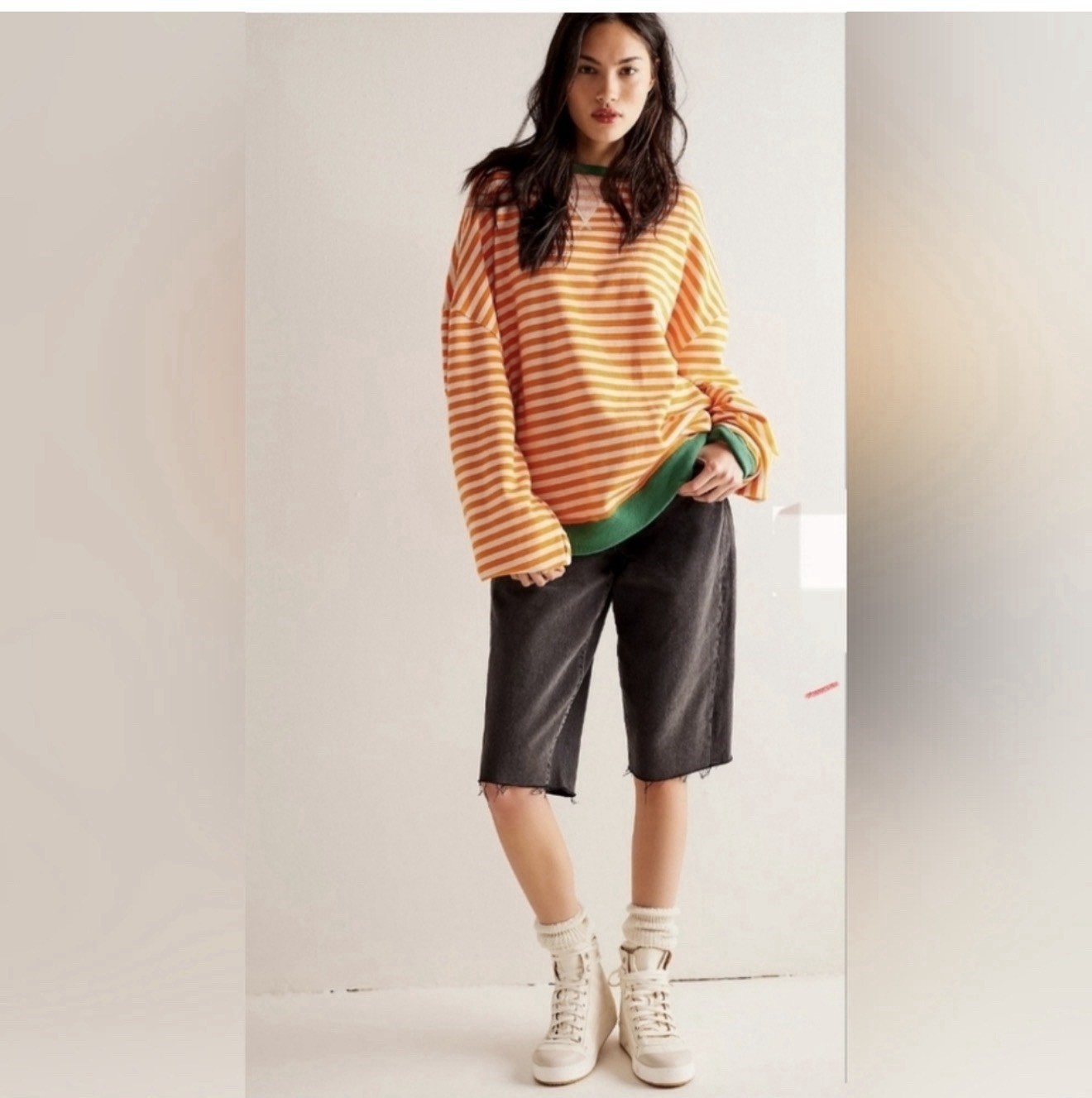 Free People Orange Green White Classic Striped Oversized Crewneck Sweatshirt M