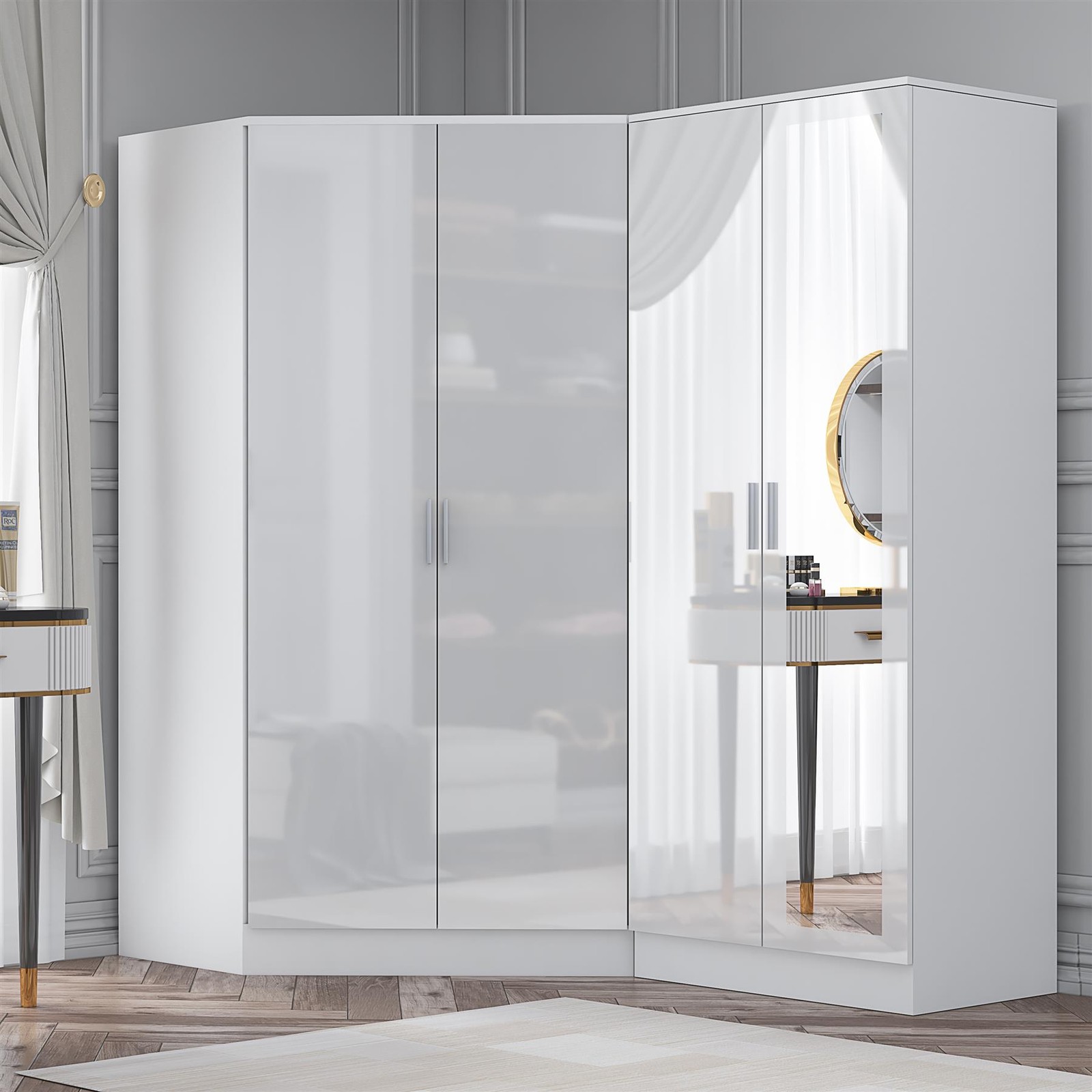 REFLECT Corner + 2 Door Mirror Wardrobes - White Gloss / White Matt Finish