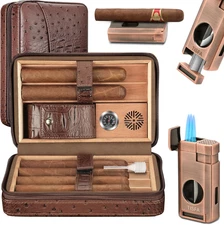 Cigar Case, Leather Cigar Humidor with Cigar Lighter, V Cut Cigar Cutter, Cigar