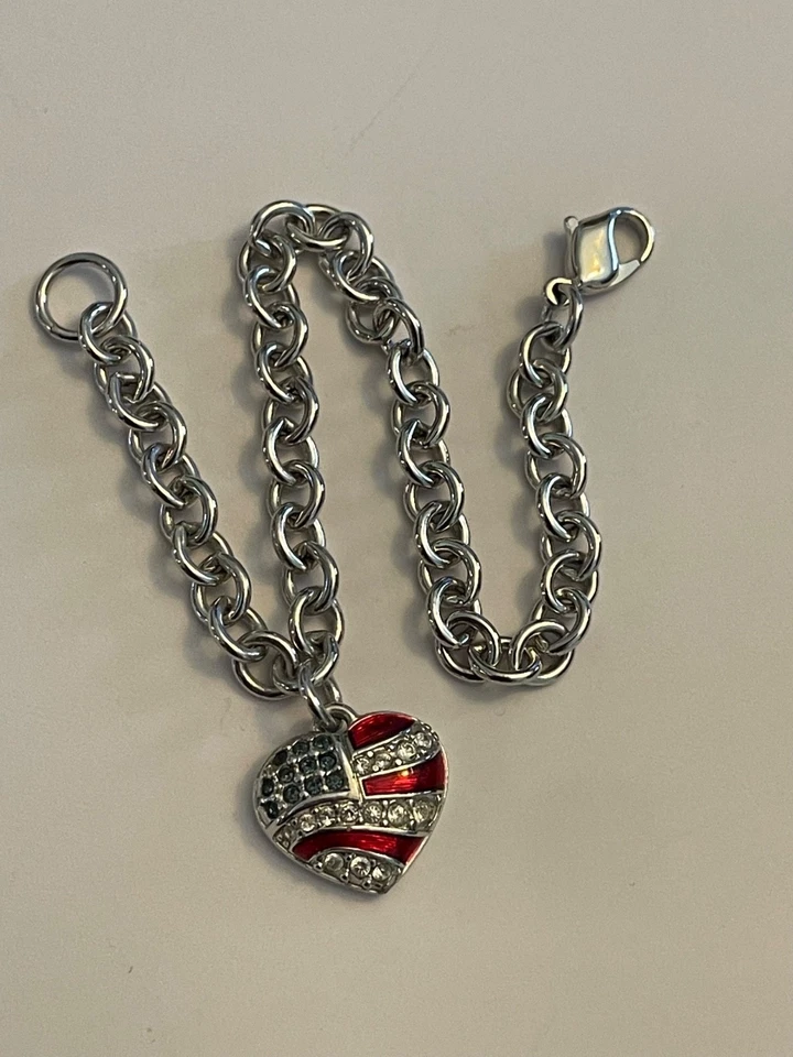 Impresionante Pulsera Signee Swarovski Cisne Corazón Patriótico Cristal 7" Dije Foto 2 de 4