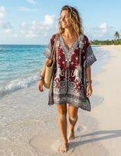 Boho Elephant Print Short Kaftan Tunic Plus Size Polyester Dress L-34"