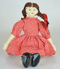 VINTAGE HANDMADE CLOTH RAG DOLL c1960's - VINTAGE HANDMADE RAG DOLL RED DRESS