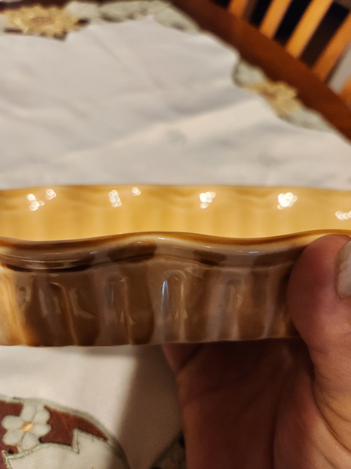 Long Yellow rufflededge,handled oval "Grestel" like bowl